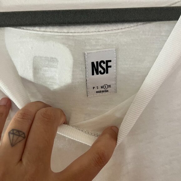 NSF White Tee Shirt Top Bias Cut Cotton Scoop Neck Short Sleeve Size L - Picture 6 of 7